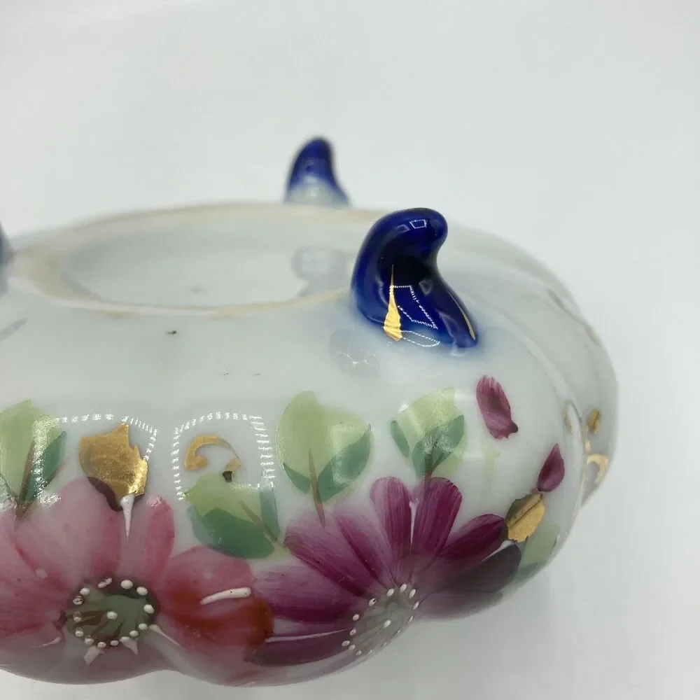 Antique Nippon Flow Blue Floral Creamer & Lidded Sugar Bowl Set Melon Gold Gilt